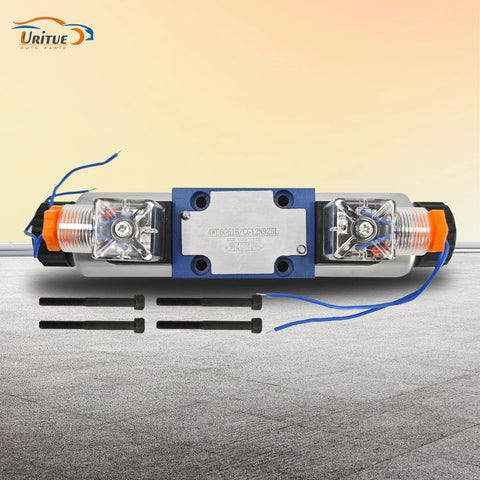 Front view of Uritue electric hydraulic directional control solenoid valve, blue body, dual end coils, clear housings.