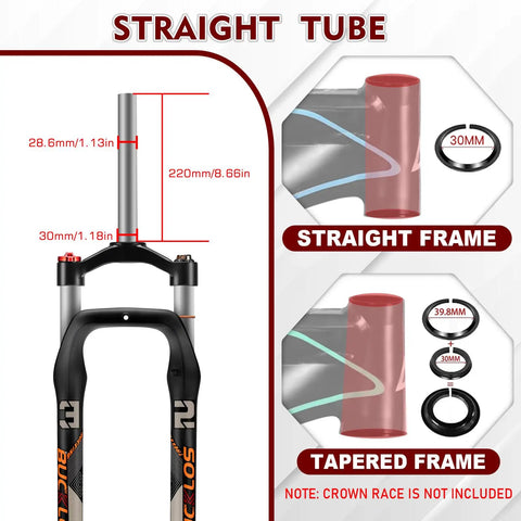 Diagram of Fat Tire MTB Front Suspension Fork 26 Inch, 100mm Travel, 135mm Spacing, 9mm QR, showing straight tube and frame details.