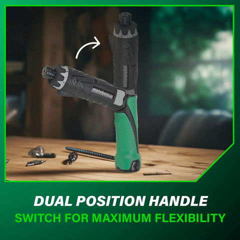 Cordless Screwdriver Kit 3.6V with dual position handle showing straight and pistol grip on a wooden table.