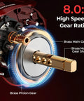 Internal view of Royale Legend Glory Baitcasting Reel With 8.0 To 1 Gear Ratio showcasing brass gears and high speed mechanism.