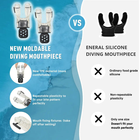 Comparison of Bite Moldable Scuba Diving Mouthpiece For Comfy Fit with regular silicone mouthpiece features and benefits