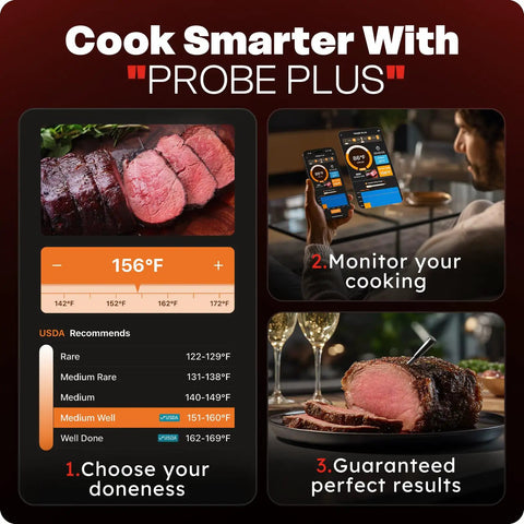 Smart Wireless Meat Thermometer With 6 Sensor Array 0.5S Instant Read IP67 Waterproof Digital Food Thermometer displaying cooking app and meat doneness chart