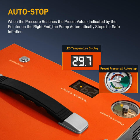 Close-up of 4500 PSI PCP Air Compressor For Airguns And Paintball Tanks with LED temperature and pressure gauge display, auto-stop feature.