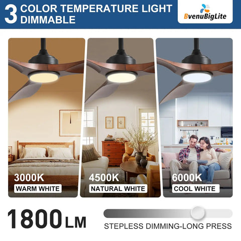 52 Inch Outdoor Ceiling Fan With Light Three Blade Modern Walnut Vibe Dimmable LED Lighting Remote Ultra Quiet DC Motor Reversible For Year Round Comfort Timer Perfect For Patios Decks And Outdoor Living Areas featuring warm, natural, and cool light settings