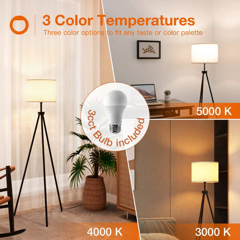 Mid Century Tripod Floor Lamp With Beige Fabric Shade, Modern Living Room Standing Lamp, 3 Color Temperature LED Bulb