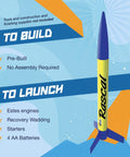 Rascal And Hijinks Prebuilt Rocket Launch Set For Beginners No Assembly Required rocket on blue background with features list