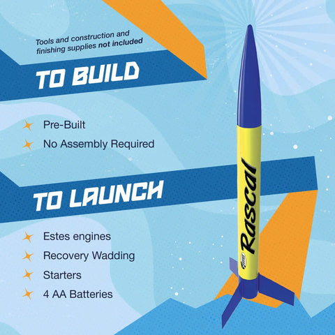 Rascal And Hijinks Prebuilt Rocket Launch Set For Beginners No Assembly Required rocket on blue background with features list