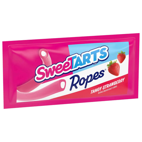 Sweetarts Tangy Strawberry Ropes packaging with pink background and strawberry images, part of Totally Tangy Chewy Ropes Candy Variety Pack With Cherry Punch, Twisted Rainbow Punch And Tangy Strawberry Flavors In Soft And Chewy Individually Wrapped Pieces 15 Oz Bag.
