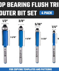 Top Bearing Flush Trim Router Bit Set, 4 Pieces, 1/4 Inch Shank, CNC Woodworking Tool with Tungsten Carbide Blade, various diameters