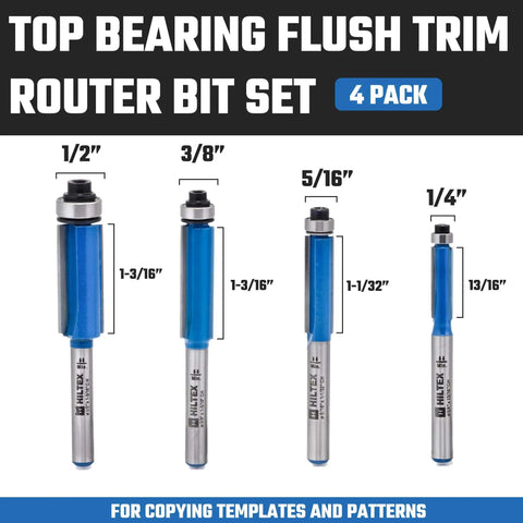 Top Bearing Flush Trim Router Bit Set, 4 Pieces, 1/4 Inch Shank, CNC Woodworking Tool with Tungsten Carbide Blade, various diameters