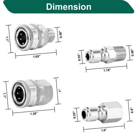 Power Town 3/8 in stainless steel quick-connect pressure washer fittings set of four; male and female NPT adapters.