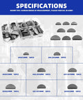 Specifications of Keyway Key Stock Assortment Kit with 140 round end keys and 80 Woodruff half moon keys, sorted by size.