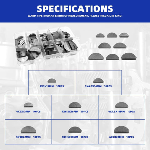 Specifications of Keyway Key Stock Assortment Kit with 140 round end keys and 80 Woodruff half moon keys, sorted by size.