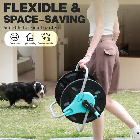 Person carrying Garden Hose Reel Cart Holds Fifty To One Hundred Thirty Feet Of Five Eighth Inch Hose Wall Mounted Portable Hose Reel Holder for outdoor car washing and lawn watering.