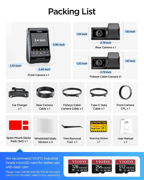 Packing list for Top Notch 4K Front Dash Cam with accessories and optional microSD cards.
