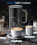 4 In 1 Automatic Milk Frother And Steamer For Coffee Lovers Hot Chocolate Maker with various foam types displayed