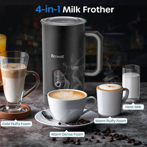 4 In 1 Automatic Milk Frother And Steamer For Coffee Lovers Hot Chocolate Maker with various foam types displayed