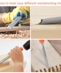 Real Deal Five Piece Wood Chisel Set With Heavy Duty Steel Hammer Ends And Smooth Ergonomic Grips shown in use for precise woodworking tasks.