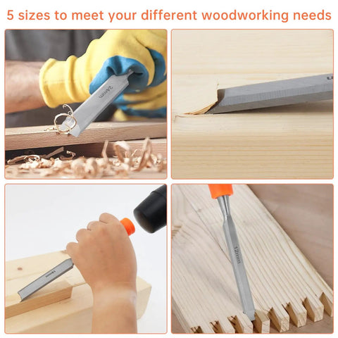 Real Deal Five Piece Wood Chisel Set With Heavy Duty Steel Hammer Ends And Smooth Ergonomic Grips shown in use for precise woodworking tasks.