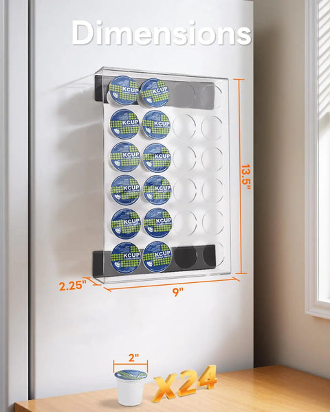 Magnetic K Cup Holder For Fridge And Office Counter, 24 K Cup Acrylic Pod Organizer With Magnets, Slim Space Saving Coffee Pod Storage shown attached to fridge with dimensions labeled.