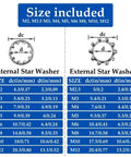 Chart showing sizes of Stainless Steel External And Internal Tooth Star Lock Washer Circlip Snap Ring Kit with measurements.