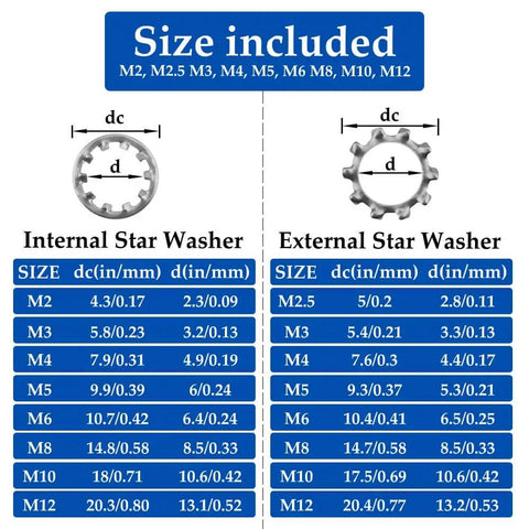 Chart showing sizes of Stainless Steel External And Internal Tooth Star Lock Washer Circlip Snap Ring Kit with measurements.