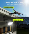 Solar panel and spotlight setup on roof corner, Ultra Bright Solar Spotlight Set With 299 LEDs And 1000 Lumens, 4000mAh Battery.