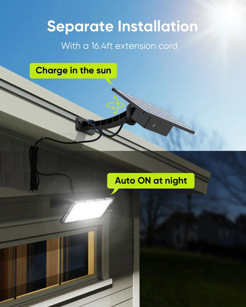 Solar panel and spotlight setup on roof corner, Ultra Bright Solar Spotlight Set With 299 LEDs And 1000 Lumens, 4000mAh Battery.