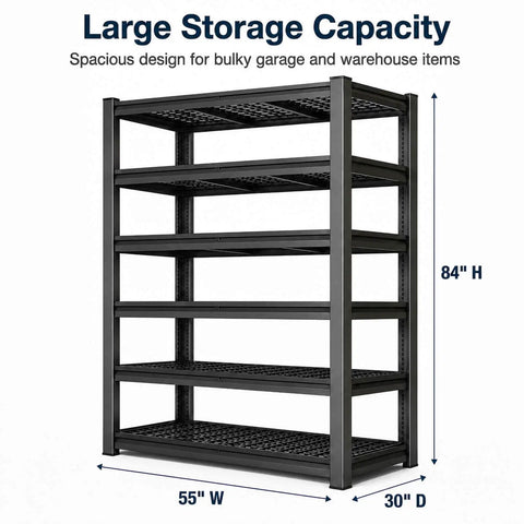 Knockout Heavy Duty Tote Storage Rack With Adjustable 5 Tier Garage Shelving, 84" H x 55" W x 30" D, black steel frame for garage and warehouse.