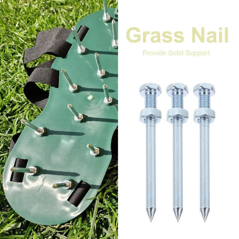 Game Changing Heavy Duty Lawn Aerator Spike Shoes With 2.75 Inch Metal Replacement Pegs on grass, close-up view