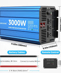 No Drama Pure Sine Wave Power Inverter 3000 Watt 12V Dc To 110V And 120V Ac Converter with dimensions, inputs, outputs, and remote control.