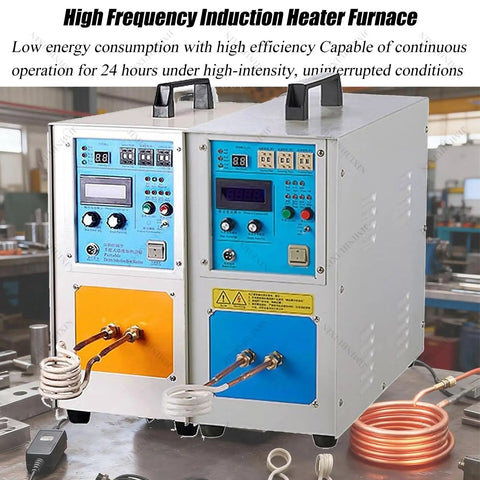 Heavy Duty 15KW High Frequency Induction Heater Furnace Built Like A Tank Water Cooled Forge for metal annealing, with control panel and cooling tubes.