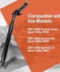 Rear Driveshaft Assembly For Kia Sorento RWD 2007 2008 Base EX LX Sport Utility Not 4WD OE Replacement Bolt On 49100-3E951 936-210 65-3506 Prop Shaft Fits OE Specs. black steel rear driveshaft shown with universal joints for 2007-2008 Sorento RWD