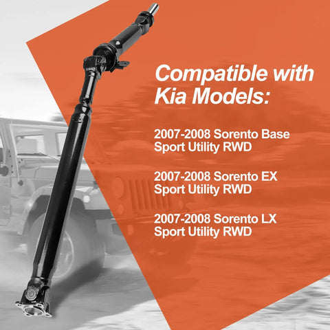 Rear Driveshaft Assembly For Kia Sorento RWD 2007 2008 Base EX LX Sport Utility Not 4WD OE Replacement Bolt On 49100-3E951 936-210 65-3506 Prop Shaft Fits OE Specs. black steel rear driveshaft shown with universal joints for 2007-2008 Sorento RWD