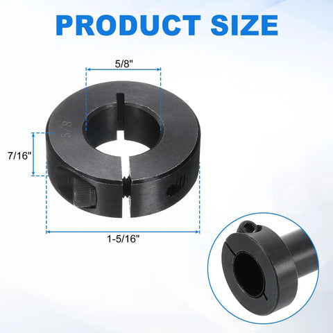 Two Pack Single Split Shaft Collar With 5/8 Inch Bore, 1-5/16 Inch Outer Diameter, 7/16 Inch Thick, Black Oxide Lock Collar Clamp With Set Screws, 1045 Steel, dimensioned on shaft