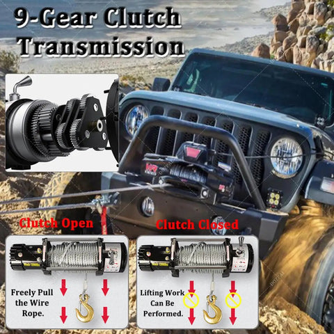 Powerful 4500 Lbs Electric Winch For Your Ride With 24V Muscle And Steel Cable Recovery Gear, showing 9-gear clutch transmission and operation.
