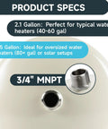 Legit Badass 4.5 Gallon Water Heater Expansion Tank With 3/4 Inch MNPT connection and product specs for oversized water heaters.