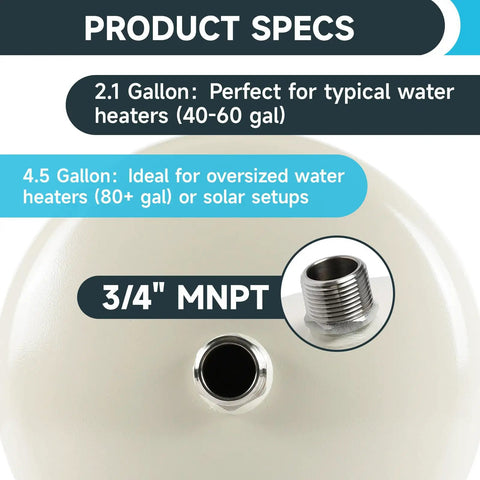 Legit Badass 4.5 Gallon Water Heater Expansion Tank With 3/4 Inch MNPT connection and product specs for oversized water heaters.