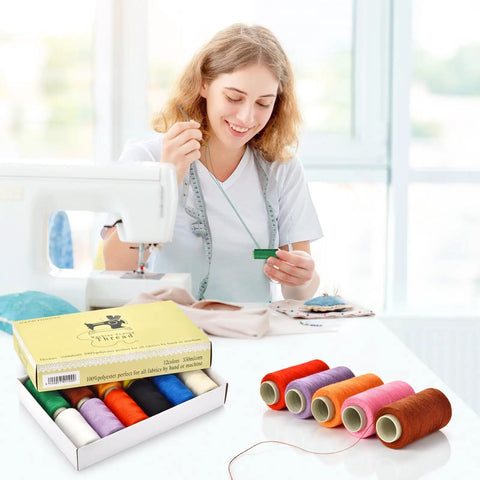 Woman using 12 Color Sewing Thread Kit With Needle Threader For Hand And Machine, DIY Home Sewing Set, Polyester Embroidery Threads