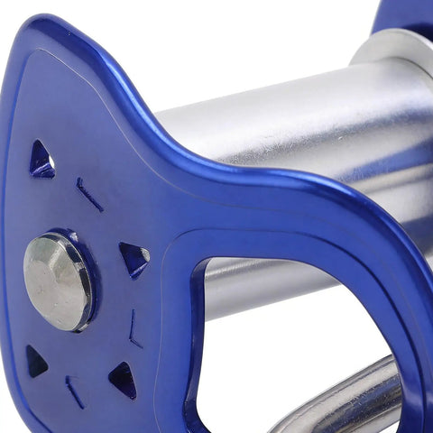 Close-up of blue Heavy Duty Zip Line Trolley With Quick Setup Rope Slider, showing durable metal construction for outdoor play.