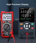 Variable 30V 10A Bench Power Supply With USB Fast Charging Port, red multimeter, and digital display showing voltage and current.