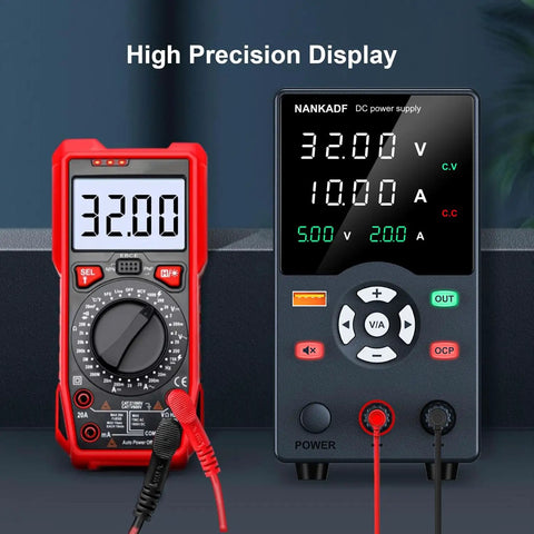 Variable 30V 10A Bench Power Supply With USB Fast Charging Port, red multimeter, and digital display showing voltage and current.