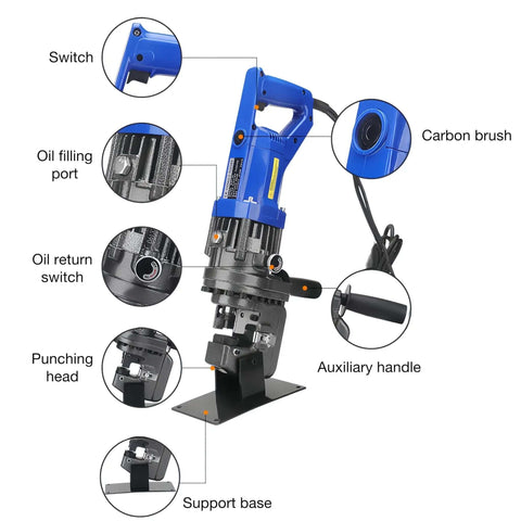 Beefy 1800W Hydraulic Hole Puncher With 10 Ton Punch Power features switches, carbon brush, handle, support base, and punching head diagram