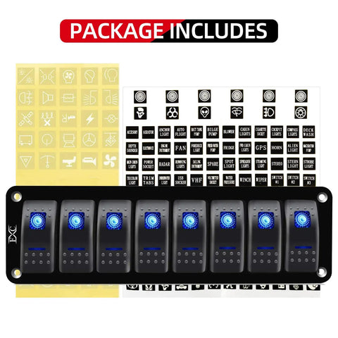 Package includes Eight Gang Rocker Switch Panel With Aluminum Waterproof Dash Mount For 12V And 24V Vehicles Boats RVs Trailers