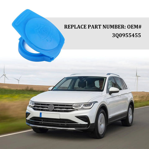 Easy Snap Fit Washer Fluid Cap OEM 3Q0955455 Direct Replacement For Windshield Washer Reservoir Compatible With Volkswagen Atlas Jetta GTI 2019 2021, blue cap with car