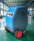 Heavy Duty Portable Dry Ice Blasting Machine For Workshop And Auto Cleanup, grey and blue mobile unit with red wheels.