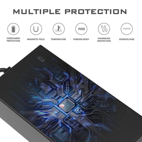 Universal 54.6V 2A Charger showing internal circuitry design with multiple protection features highlighted, black rectangular charger base.