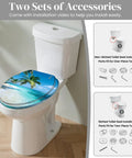 Durable Resin Round Toilet Seat Cover Adorned With Tropical Beach Thatched Roof Umbrella Graphics with accessories for easy installation.