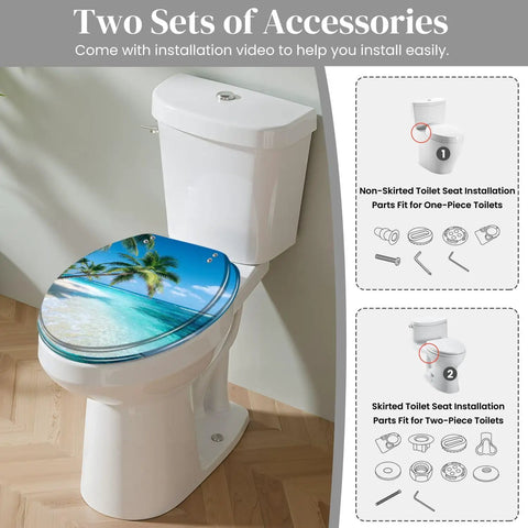 Durable Resin Round Toilet Seat Cover Adorned With Tropical Beach Thatched Roof Umbrella Graphics with accessories for easy installation.