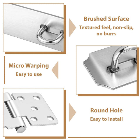 Close-up of 2 Pack 5 Inch Stainless Steel Door Hasps And Latches with brushed finish, showing textured surface and hinge details.